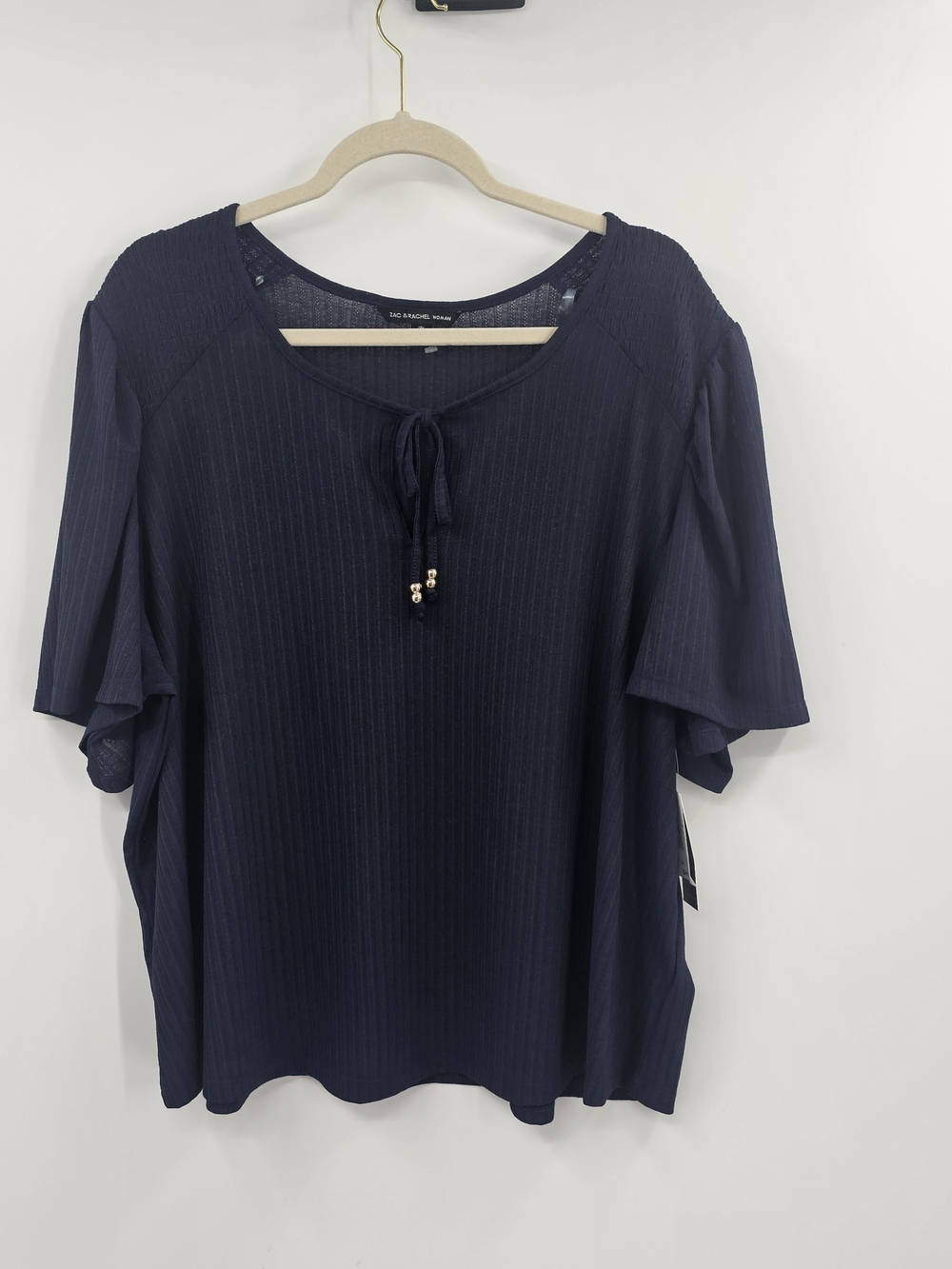 Zac & Rachel Navy Ribbed Tie Front Flutter Sleeve Top NWT Size 2X